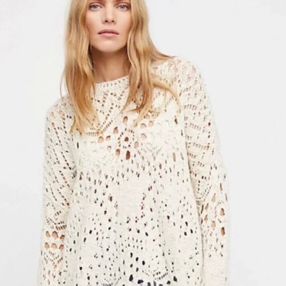 Free People Traveling Crochet Knit Sweater in Cream (Size S)